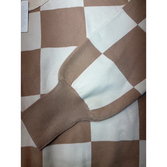 NWT Lillusory Tan/Cream Checkered Sweater Crew Neck Women's Size 2XL Oversized - Picture 3 of 7